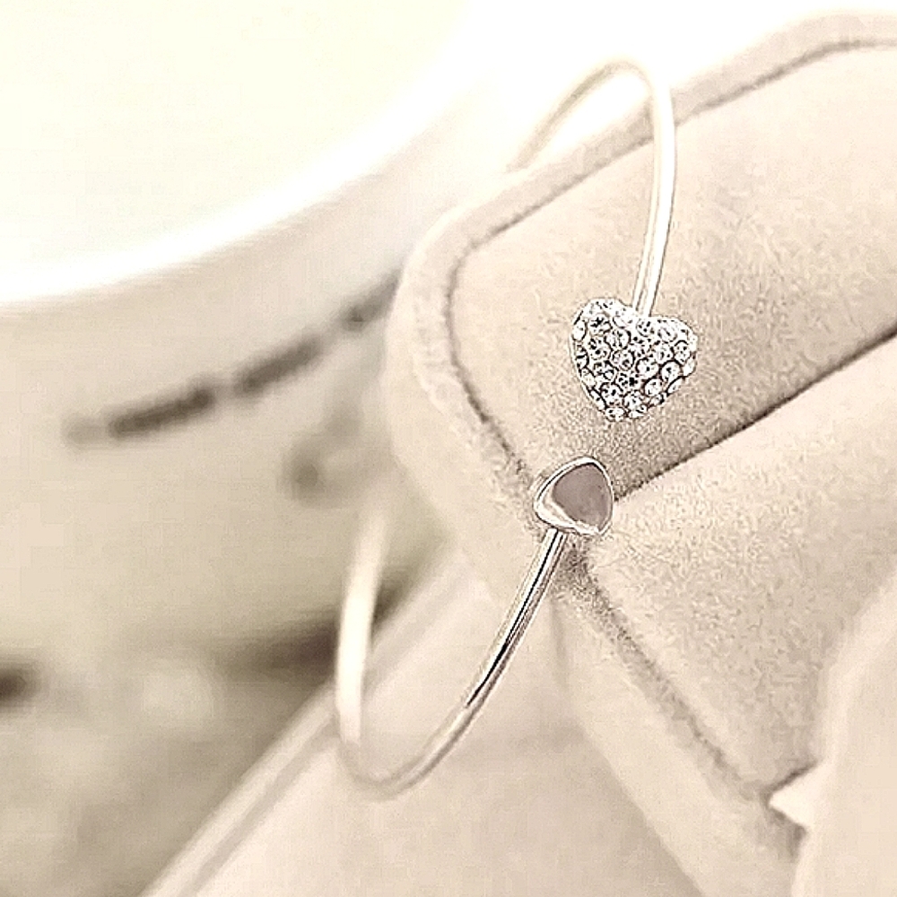 Silver & Rhinestone Heart Bangle | Full Drill Love Bracelet | Open End